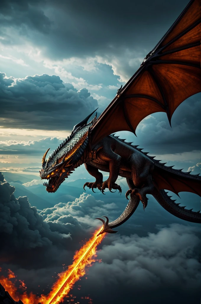 Picture an epic scene from "House of the Dragon", featuring a huge dragon towering in a dark, thundering sky, with its huge wings outstretched. Below it, Rhaenyra's character can be seen, dressed in a special war dress, preparing to face the enemy on a vast battlefield and a full sword on the ground. The sky behind him looks cloudy, creating an epic atmosphere. Make sure the dragon looks stunning with detailed wing detail and impressive scale. The fiery colors on the dragon's body that reflect the iconic heritage would be a nice addition. Make it super realistic 4K Resolution