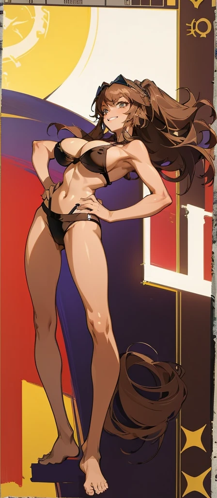Masterpiece, best quality, Masterpiece, best quality, 1 woman , long brown hair , sunglasses , sly face , smile , purple bikini , bare arms , abdomen, big breasts , Barefoot , hands on hips , blank background 
