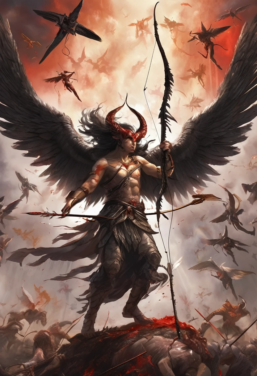 A terrifying, winged angel flies through the air and shoots arrows at demons on the ground, killing them all.、On Earth, another angel is eating demon flesh.、A nose called、Hell、