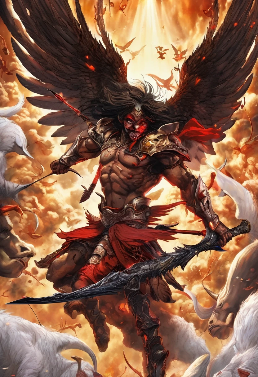 A terrifying, winged angel flies through the air and shoots arrows at demons on the ground, killing them all.、On Earth, another angel is eating demon flesh.、A nose called、Hell、