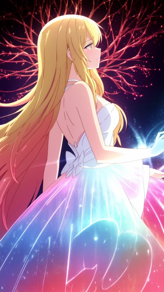 beautiful girl, puffy tiered ballgown, vibrant pastel colors,(20years old,madure female),(angry),closed mouth,white dress,cleavage,sleeveless,((glowing blonde long hair)), magical lights, sparkling magical liquid, inspired by Glen Keane, inspired by Lois van Baarle, disney art style, by Lois van Baarle, glowing aura around her, by Glen Keane, jen bartel, glowing lights! digital painting, flowing glowing hair, glowing flowing hair, beautiful digital illustration, fantasia background, whimsical, magical, fantasy, ((masterpiece, best quality)), intricate details, highly detailed, sharp focus, 8k resolution, sparkling detailed eyes, liquid watercolor,red theme,red moon,forest,night,profile,(extra arms),upper body