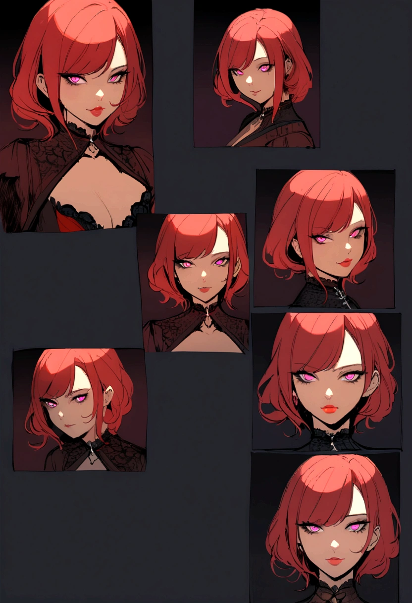 a beautiful girl with a seductive gaze, mischievous smile, gothic style, vibrant colors, red hair,beautiful detailed lips,longeyelashes,dramatic lighting,dark moody atmosphere,concept art