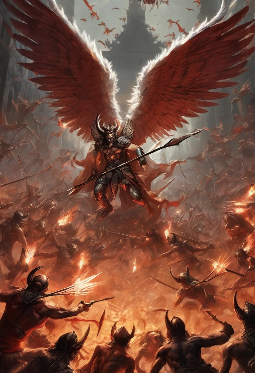 A terrifying, winged angel flies through the air and shoots arrows at demons on the ground, killing them all.、On Earth, another angel is eating demon flesh.、Crowds of fleeing demons、A nose called、Hell、