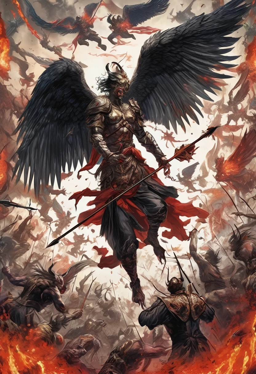 A terrifying, winged angel flies through the air and shoots arrows at demons on the ground, killing them all.、On Earth, another angel is eating demon flesh.、Crowds of fleeing demons、A nose called、Hell、
