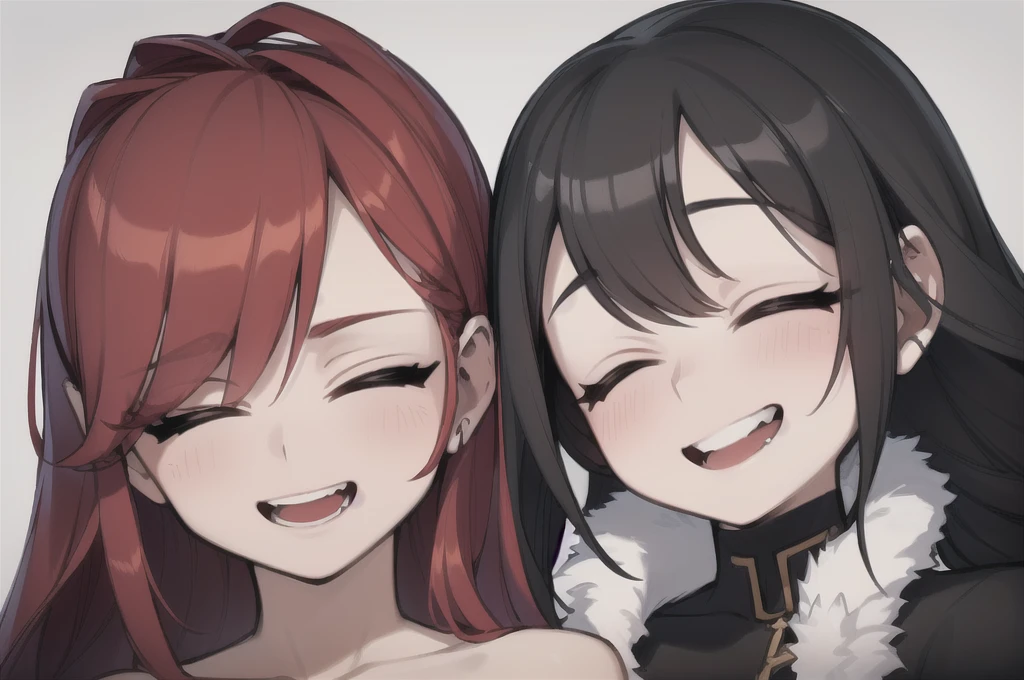two sexy women who are wives of 4 years old boy, looking at camera, seductive smiles, portrait, various hair, closed eyes, opened mouths moaning, bride dress