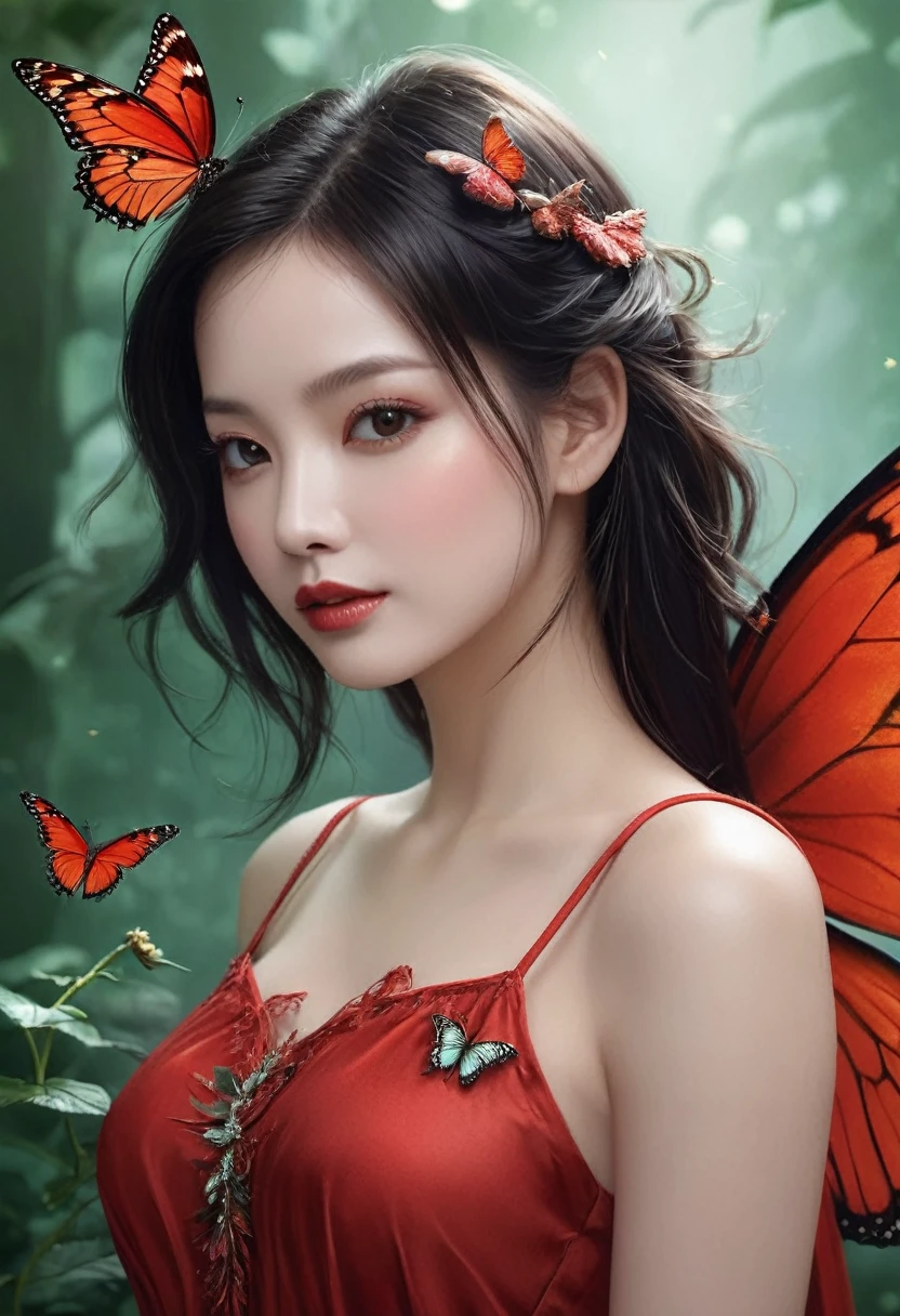 a closeup of a woman in a red dress with a butterfly on her shoulder, an airbrush painting by Nene Thomas, Trends in CG society, fantasy art, beautiful fairy, portrait of a fairy, beautiful fantasy art, fairy portrait, fantasy art behance, beautiful fairy, fantasy art style, digital fantasy art ), beautiful fairy adulta, beautiful fantasy art portrait