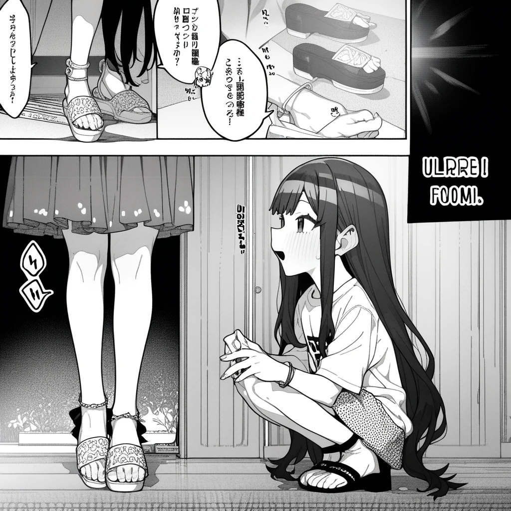1girl, rei \(rei's room\), moketa, erere, idolmaster, gakuen idolmaster, shinosawa hiro, aged down, bracelet, comic, hand on another's leg, jewelry, long hair, sandals, shoes, sneakers, squatting, very long hair, absurdres, greyscale, hatching \(texture\), depth of field, english text, ((very aesthetic, best quality, ultra detailed))
