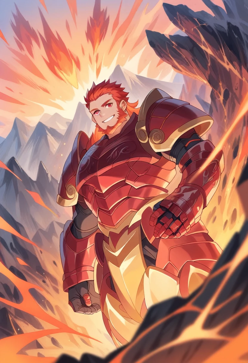detailed illustration, dynamic angle, ultra-detailed, illustration, 1boy, fire red hair, red orange hair, red beard, long beard, battle axe, lava, mountain, forge, smiling, red eyes, firey eyes, iron armor,