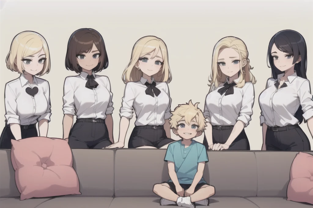 five sexy women looking down at 4 years old boy with blonde hair and shorts, women have flirtatious smiles, boy have sunglasses, women have various hair colors