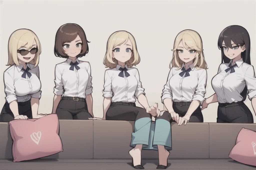 five sexy women looking down at 4 years old boy with blonde hair and shorts, women have flirtatious smiles, boy have sunglasses, women have various hair colors