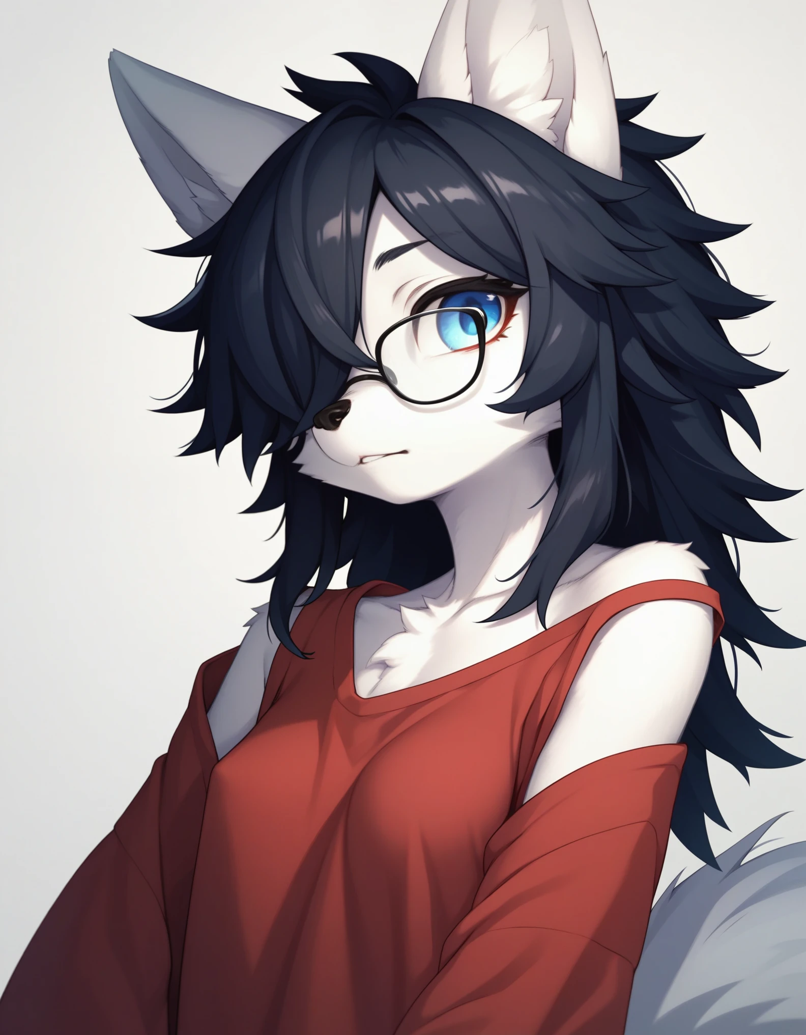Solo, score_9,score_8_up,score_7_up, kemono style, a young nerdy Anthro furry wolf woman, wolf snout, white furry body, tall, long black messy hair, black hair, hair in a pony tail, hair covering one eye, white wolf tail, blue eyes, white wolf ears, white wolf tail, small breasts, wearing oversized red shirt, exposed shoulder, black thick rimmed glasses, close up; portrait