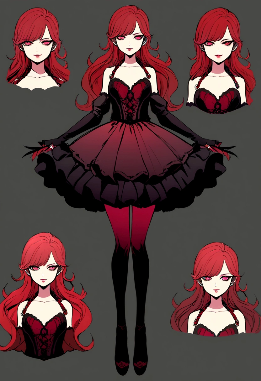 a beautiful girl with a seductive gaze, mischievous smile, gothic style, vibrant colors, red hair,beautiful detailed lips,longeyelashes,dramatic lighting,dark moody atmosphere,concept art.,full body