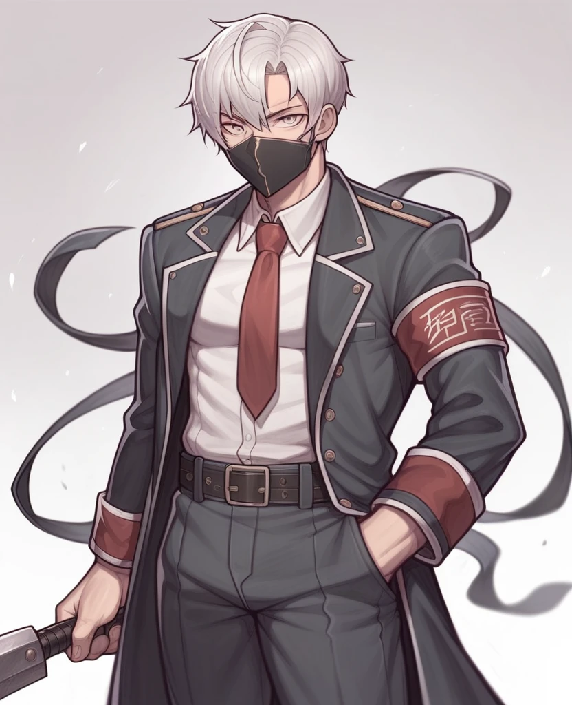 _asura style, solo, armband, mask, mouth_mask, 1boy, necktie, short_hair, weapon, male_focus, red_necktie, looking_at_viewer, white_eyes, shirt, holding, grey_eyes, pants, long_sleeves, belt, collared_shirt, bangs, coat, white_hair, holding_weapon, slit_pupils, military_uniform