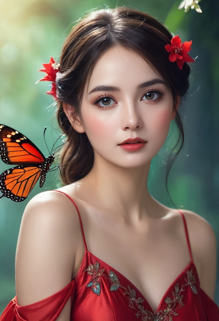 a closeup of a woman in a red dress with a butterfly on her shoulder, beautiful fairy, portrait of a fairy, beautiful fantasy art, fairy portrait, fantasy art behavior, beautiful fairy, fantasy art style, beautiful fairy adulta, Digital fantasy art ), brunette elf with fairy wings, beautiful fantasy art portrait, fantasy style art., Hada morena