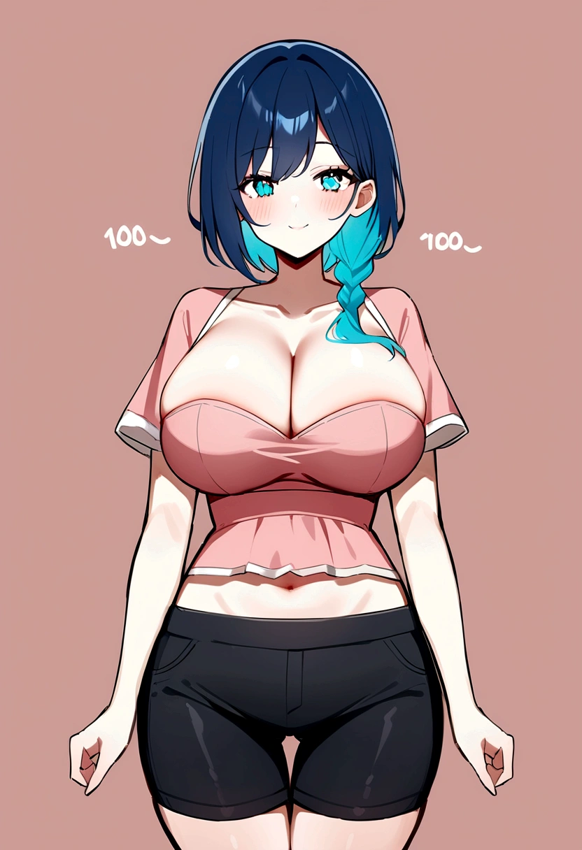 My name is Akari., I am a white test woman with long dark blue hair , turquoise eye color . I am 1.62 cm tall and weigh 47 kg. My breasts measure 100 cm, my waist 40 cm and my hips 200 cm. Dressed in a tight, low-cut pink blouse along with short black shorts . With breasts 100 cm