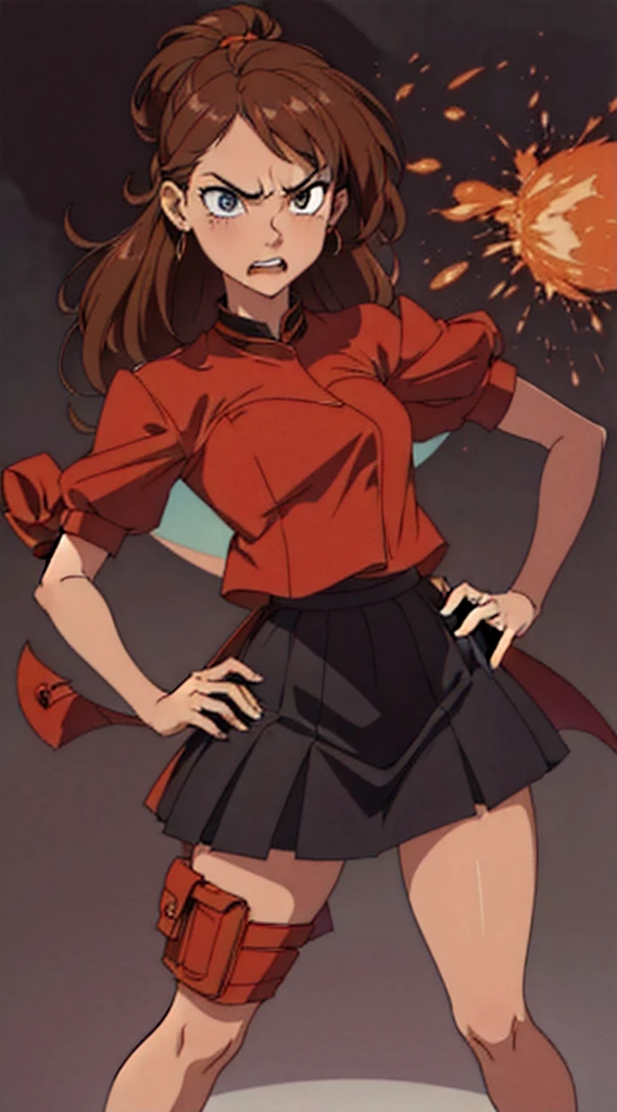 hands dramatic, hands moving, hands on hips, hands firmly on hips, frustrated, angry, showing frustration, legs partially showing, tight arm selves, skirt