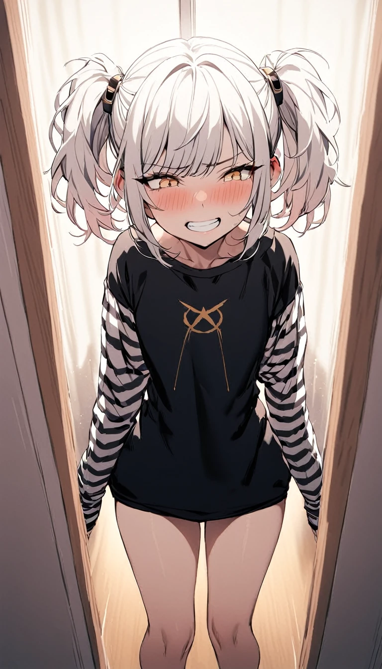 woman, Holopunk Style, perfect white hair, masterpiece, highest quality, indoor,shy, Grin, disheveled twintails, compensate, Are standing, Pause, blush, Black T-shirt, White striped sleeves
