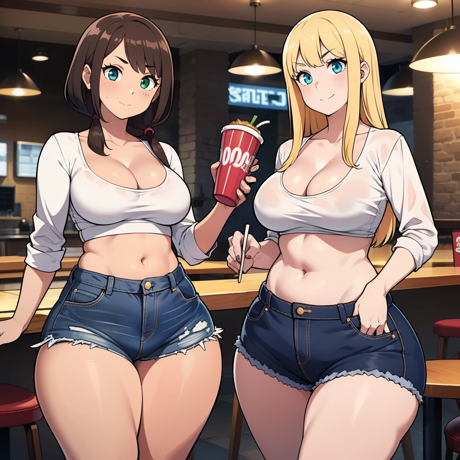 ((highres)), Masterpiece, high quality, best quality, beautiful, perfect lighting, detailed face, ultra cute face, ((2girls)), one girl has blonde hair, blue eyes, crop top and shorts skindentation, one girl has brown hair, green eyes, jeans, white shirt, thighs clothes, full body, fast food restaurant, medium breasts, perky breasts, cleavage, ((wide hips)), ((thick thighs)), standing, (cowboy shot)