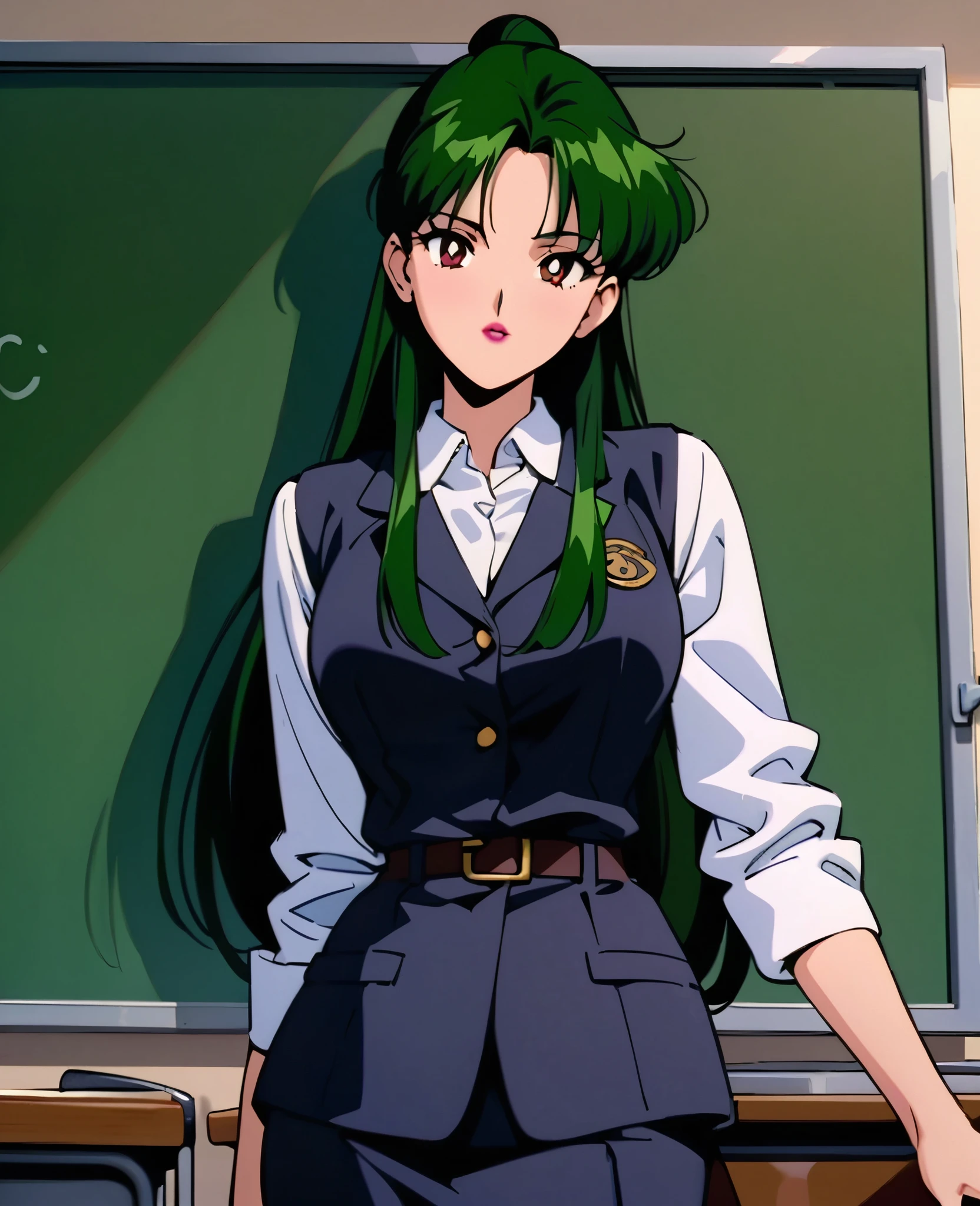 masterpiece,best quality,very aesthetic,ultra detailed,intricate details,1girl,solo,1990s \(style\),carmine eyes,lipstick,hair bun,single hair bun,long hair,dark green hair,Teacher attire,classroom,Stand in front of the blackboard,cowboy shot,