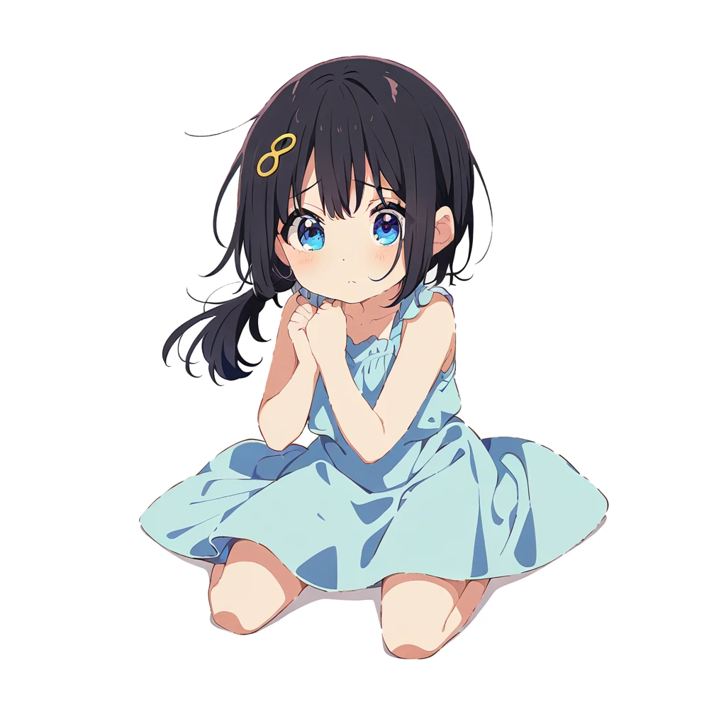 Masterpiece, Best quality, solo female, young girl, sister-like, blue eyes color, long ponytail hair, black color hair, teary eyes, sparkless eyes, depression eyes, hopeless expression, anxiety, white and blue dress, hairpin, anime, full body illustration