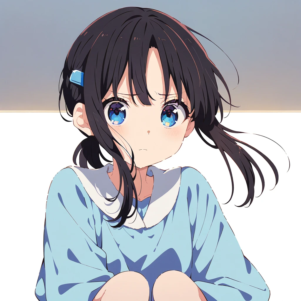 Masterpiece, Best quality, solo female, young girl, sister-like, blue eyes color, long ponytail hair, black color hair, teary eyes, sparkless eyes, depression eyes, hopeless expression, anxiety, white and blue dress, hairpin, anime, full body illustration