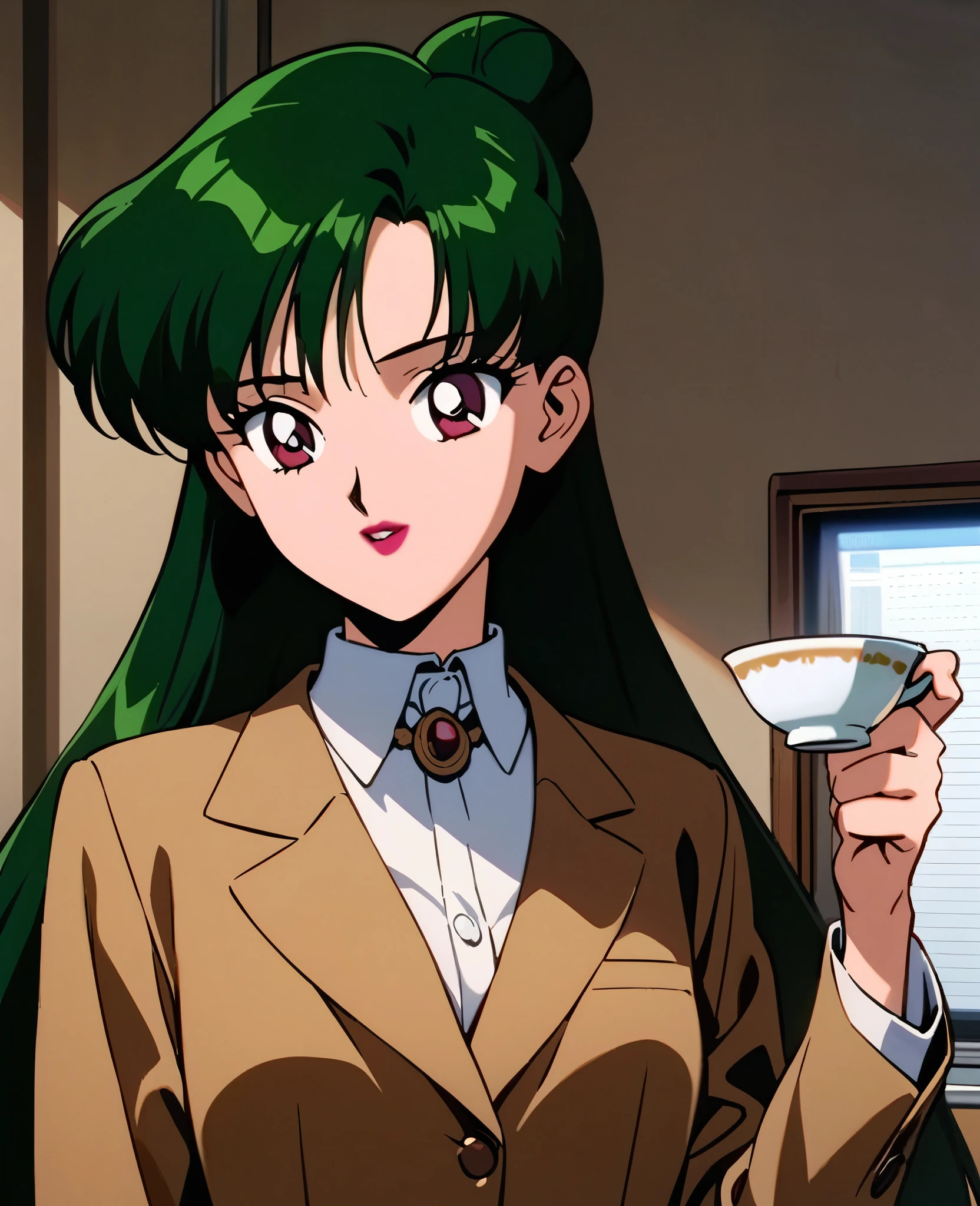 masterpiece,best quality,very aesthetic,ultra detailed,intricate details,1girl,solo,1990s \(style\),carmine eyes,lipstick,hair bun,single hair bun,long hair,dark green hair,white collar,office,holding cup,teacup,cowboy shot,