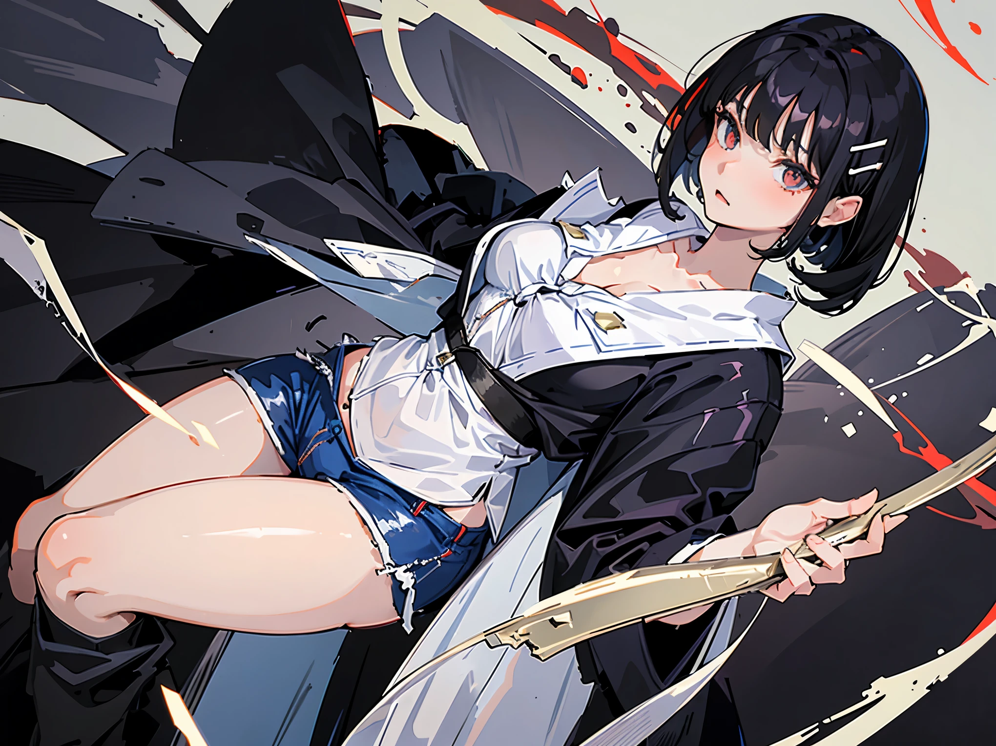 pale, black haired, japanese girl. She has a bob hairstyle. Her expression is cold, she has sharp eyes, Hair is loose, She slightly looks down at you, her torso can be seen, wears a white blouse and tight black jeans
