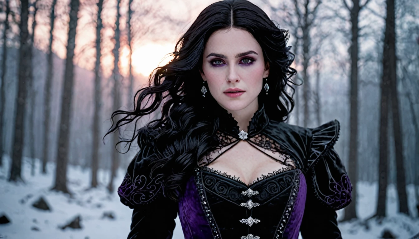 ((ultra detailed, masterpiece, best quality))
W3Yennefer, 1girl, solo, purple eyes, dress, in a winter wonderland