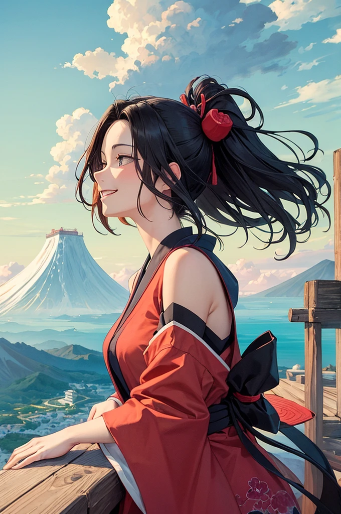 ((best quality)), ((masterpiece)), (detailed), the scenery is the Red fuji by katsushika hokusai, on First night there Is Battle Angel Alita with an happy expression 