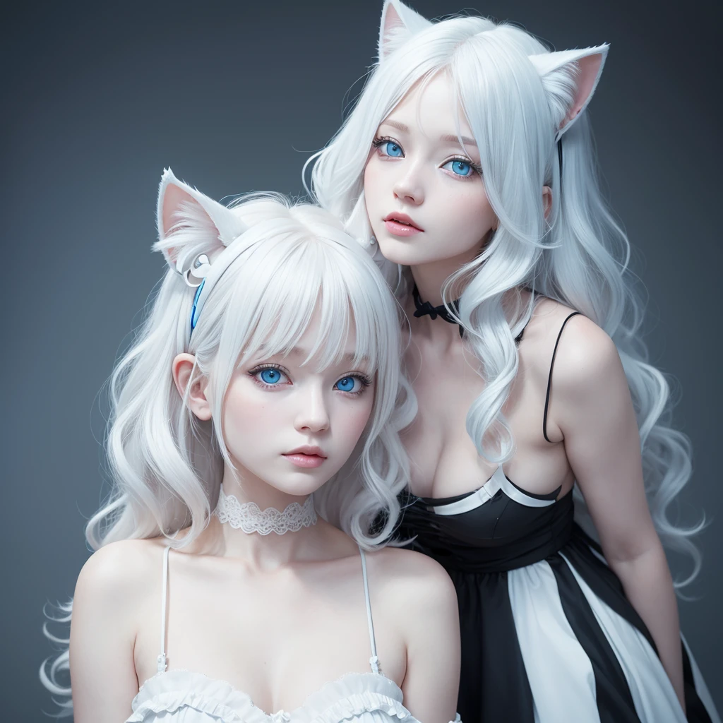 create an albino woman with short, wavy hair, very light blue eyes and cat ears