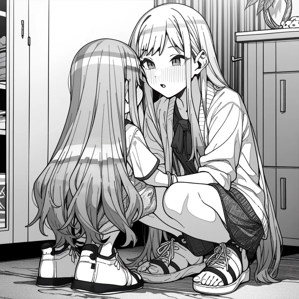 1girl, rei \(rei's room\), moketa, erere, idolmaster, gakuen idolmaster, shinosawa hiro, aged down, bracelet, hand on another's leg, jewelry, long hair, sandals, shoes, sneakers, squatting, very long hair, absurdres, greyscale, hatching \(texture\), depth of field, ((very aesthetic, best quality, ultra detailed)), manga-style