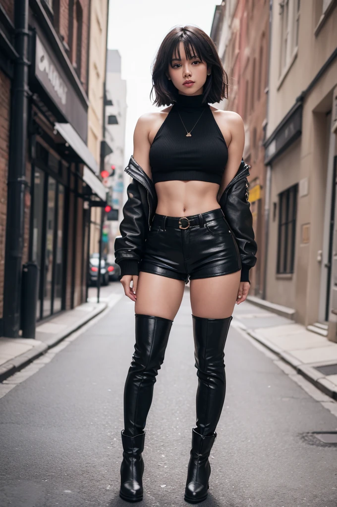 A woman wears short black shorts with a black crop top and huge boots 