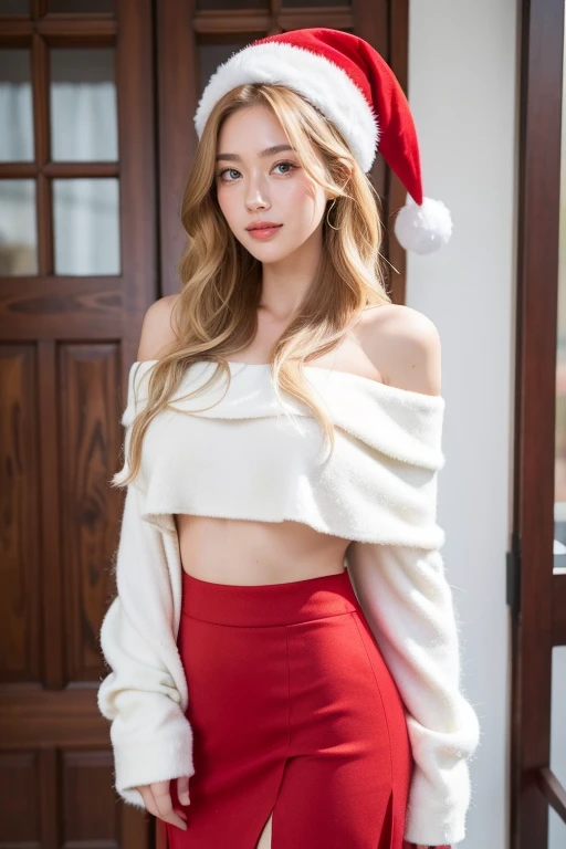 Beautiful woman with long, wavy blonde hair, red off the shoulder skirt with white trim, christmas hat, christmas