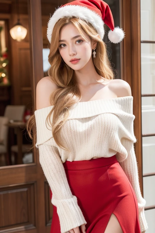 Beautiful woman with long, wavy blonde hair, red off the shoulder skirt with white trim, christmas hat, christmas