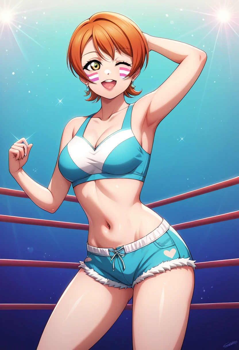 Masterpiece, sksrin, beautiful , facial details, 8k wallpaper, Rin Hoshizora Love Live, short hair, white gym bra, micro shorts , wrestling outfit,(lipstick:0.8), (face paint),Fascinated by her beauty ,wink, moist skin,thin waist 