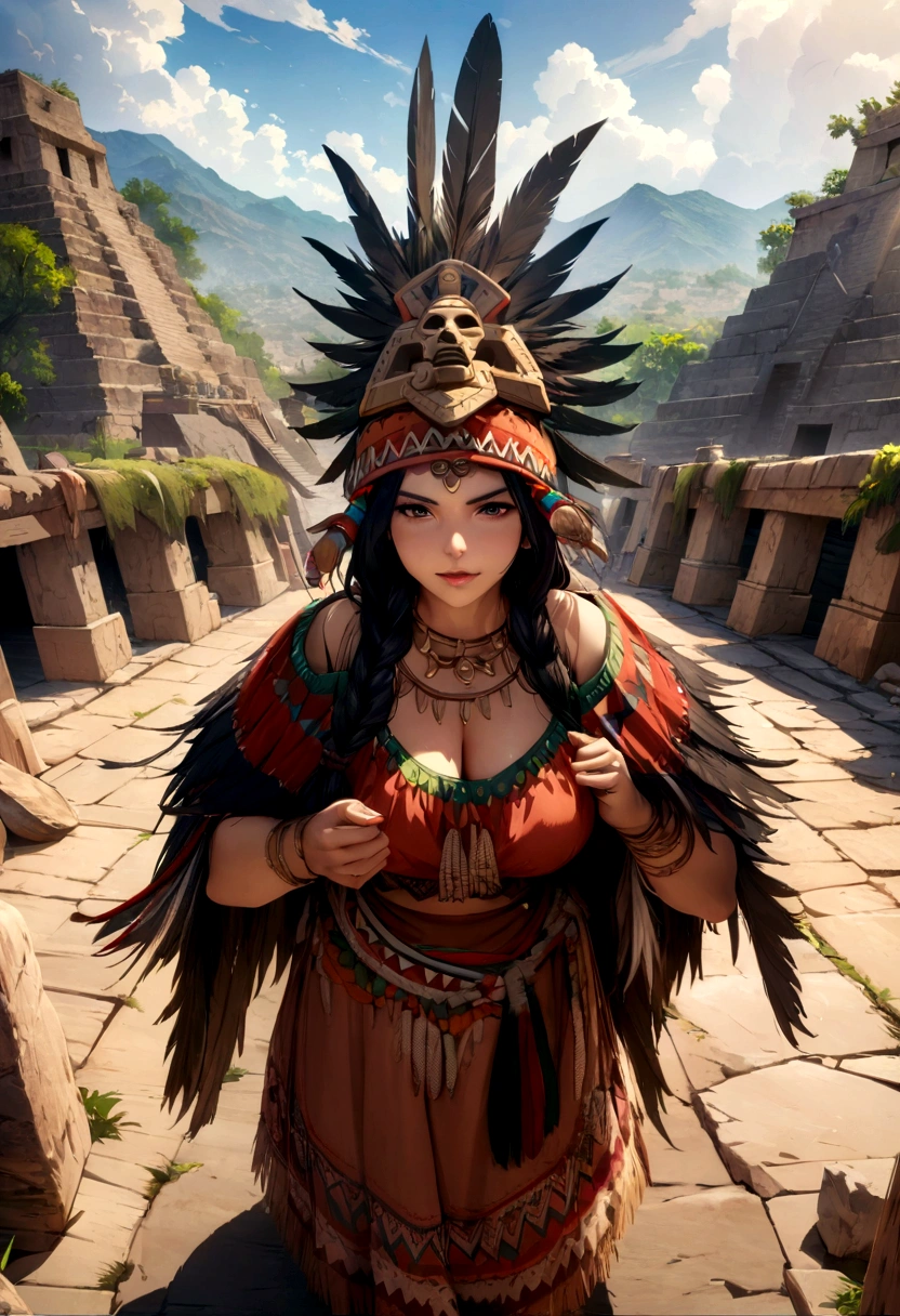  best quality, ultra-high resolution, 4K detailed CG, masterpiece,aztec mage, Mexico, aesthetics, ((Feather shield)), beautiful image, centered on the screen