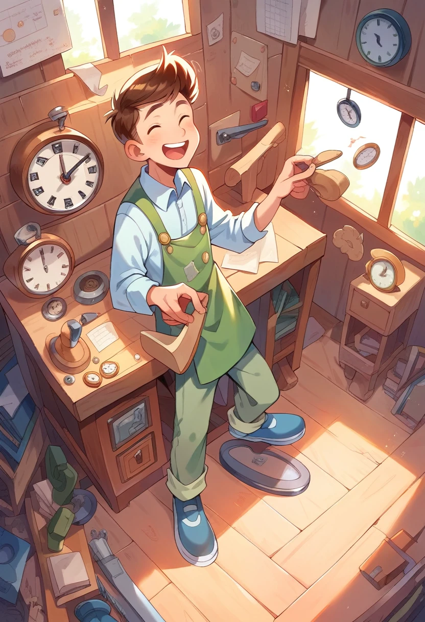 detailed illustration, dynamic angle, ultra-detailed, illustration, 1man, brown hair, wooden workshop, smile, laughing, clocks, clockwork tools, tinker tools, carpentry tools, springs,