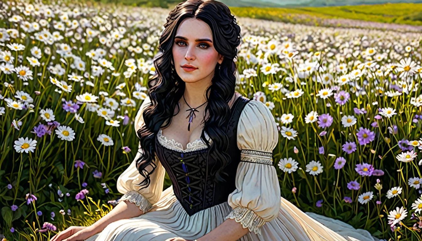 ((ultra detailed, masterpiece, best quality))
W3Yennefer, 1girl, solo, purple eyes, Amidst a field of daisies, bohemian-inspired maxi dress, warm sunlight filtering through, sitting with a bouquet and a serene expression