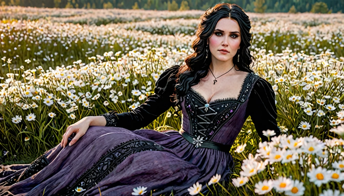 ((ultra detailed, masterpiece, best quality))
W3Yennefer, 1girl, solo, purple eyes, Amidst a field of daisies, bohemian-inspired maxi dress, warm sunlight filtering through, sitting with a bouquet and a serene expression