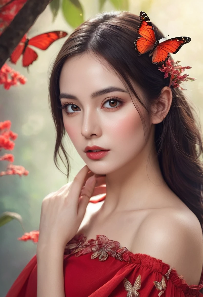 a closeup of a woman in a red dress with a butterfly on her shoulder, beautiful fairy, portrait of a fairy, beautiful fantasy art, fairy portrait, fantasy art behavior, beautiful fairy, fantasy art style, beautiful fairy adulta, Digital fantasy art ), brunette elf with fairy wings, beautiful fantasy art portrait, fantasy style art., Hada morena