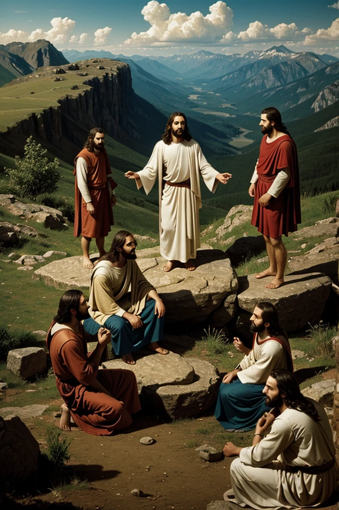 Jesus with his disciples in a beautiful landscape