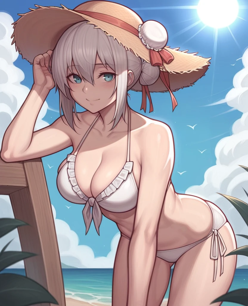 _asura style, 1girl, swimsuit, bikini, breasts, solo, hat, blue_eyes, sky, smile, straw_hat, cleavage, double_bun, looking_at_viewer, day, cloud, hair_bun, blush, blue_sky, outdoors, white_bikini, frilled_bikini, grey_hair, frills, hair_between_eyes, side-tie_bikini_bottom, leaning_forward, bangs, closed_mouth, sidelocks, collarbone, medium_breasts, sun_hat, sunlight, bent_over, cowboy_shot, front-tie_top, ribbon, front-tie_bikini_top