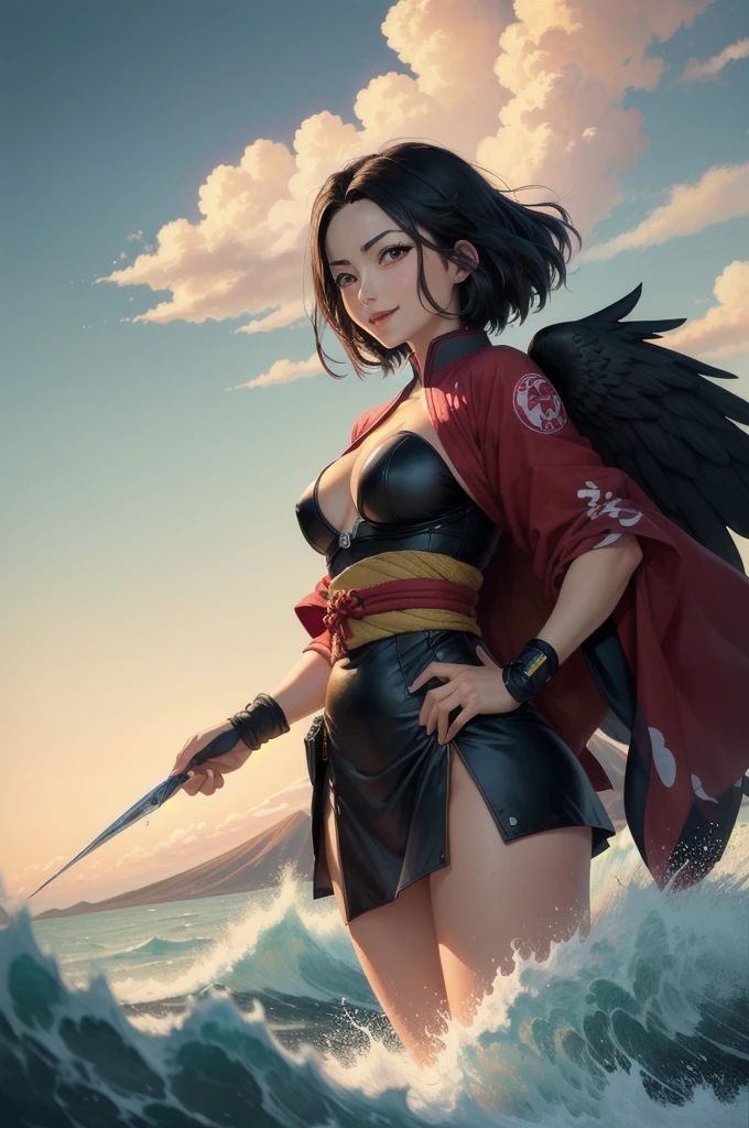 ((best quality)), ((masterpiece)), (detailed), the scenery is the view of the Red fuji by katsushika hokusai, on First sight there Is Battle Angel Alita with an happy expression 