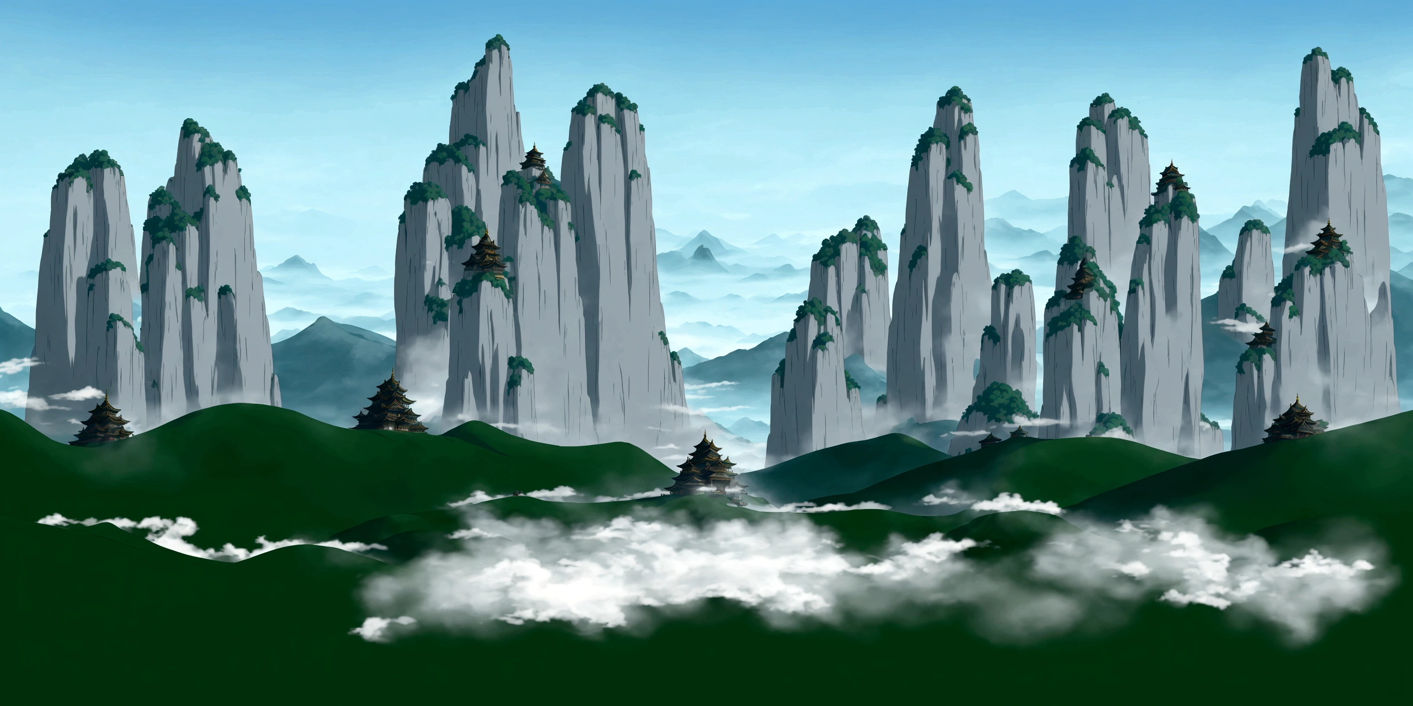 cartoon scene of a mountain with a river and a castle, avatar landscape, floating mountains, zen temple background, temple background, the background is misty, some mountains in the background, anime landscape, floating lands in-clouds, legend of korra setting, pagodas on hills, island background, background art, dojo on a mountain, magical battlefield background