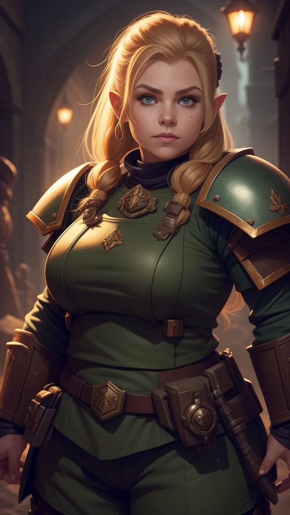 warhammer 40k imperial guardsman, ((female dwarf)). blonde hair, bare hand, hobbit, hafling, pants, (green bulletproof vest), ((big nose)), large expressive eyes, in a spaceship, chubby face, (high angle shot), (eye black)