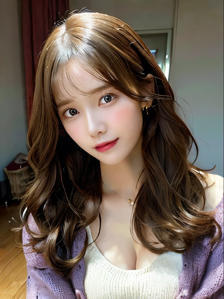 best qualtiy,tmasterpiece,超A high resolution,(realisticlying:1.4),
1girll long curly hair,Rich in detail, shoulder,cleavage,Knitwear, Deep shading, messy room, sit pose, Sitting on an object yoona snsd beutiful face sexy lady
