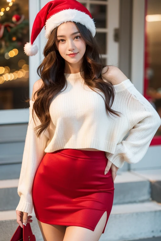 Beautiful woman with long, wavy hair, red no sleeved fitted skirt with white trim on edges, christmas hat, christmas