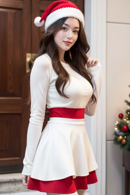Beautiful woman with long, wavy hair, red no sleeved fitted skirt with white trim on edges, christmas hat, christmas