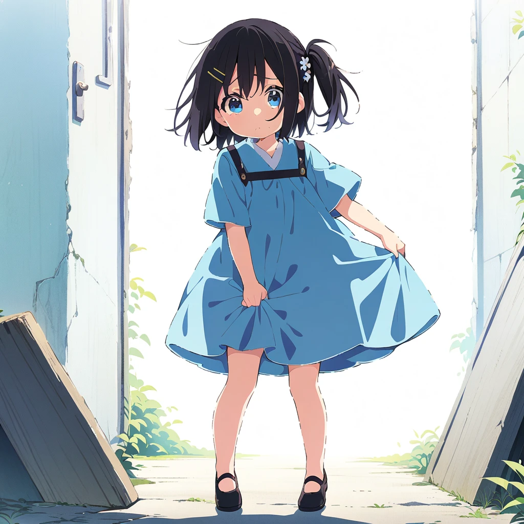 Masterpiece, Best quality, solo female, young girl, sister-like, blue eyes color, long ponytail hair, black color hair, teary eyes, sparkless eyes, depression eyes, hopeless expression, anxiety, white and blue dress, hairpin, anime, full body illustration