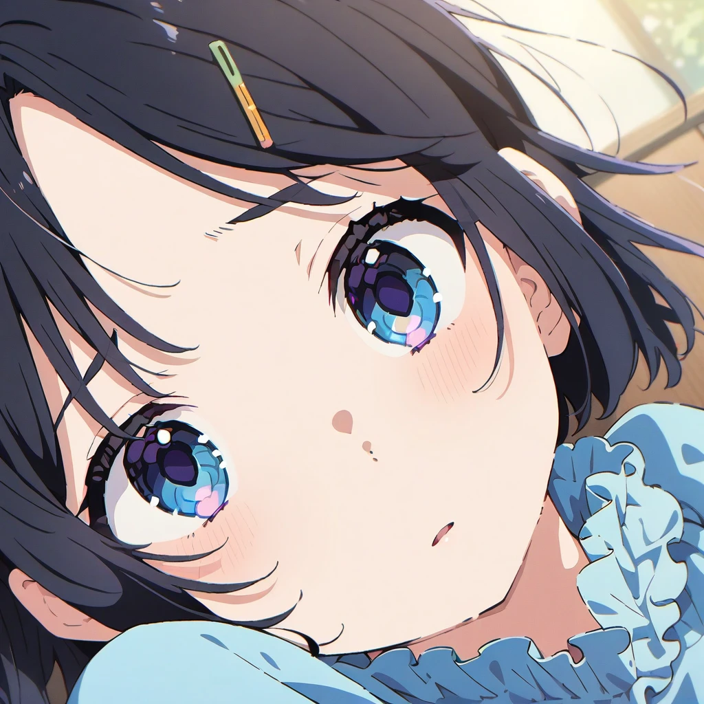 Masterpiece, Best quality, solo female, young girl, sister-like, blue eyes color, long ponytail hair, black color hair, teary eyes, sparkless eyes, depression eyes, hopeless expression, anxiety, white and blue dress, hairpin, anime, full body illustration